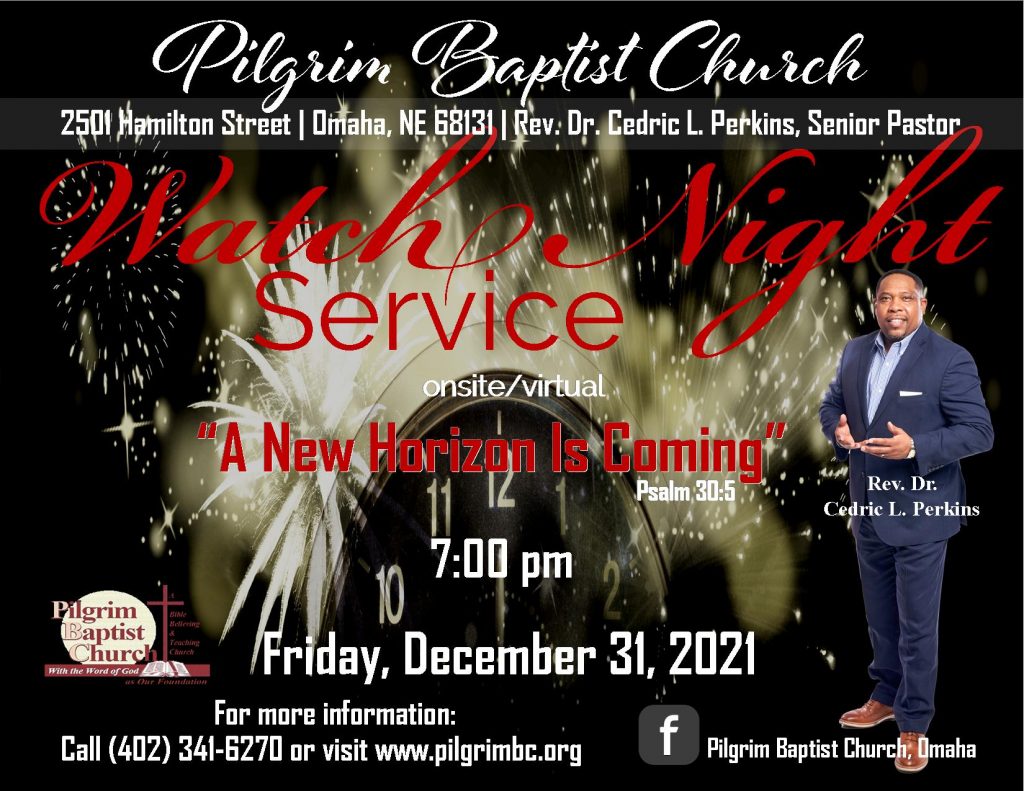 Watch Night Service is the wording with the fireworks and clock in the background.
