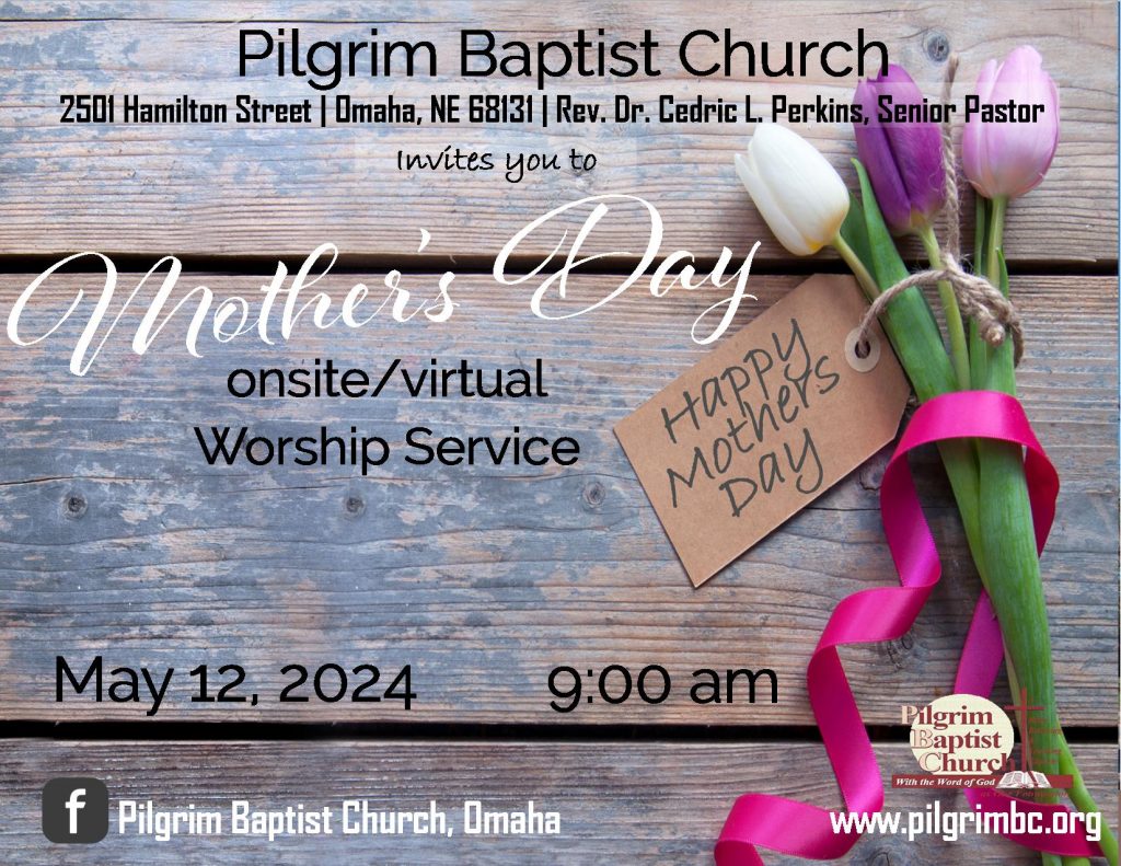 Mothers Day Worship Service written in words. Tulips laying on wood with a ribbon and a sign saying Happy Mother's Day.