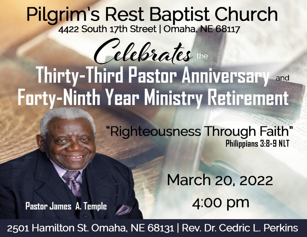A wooden cross laying on top of the the bible on a wood table with an image of Rev. James A. Temple with the words Celebrates the 39th Pastor
Anniversary and 49th Year Ministry Retirement.