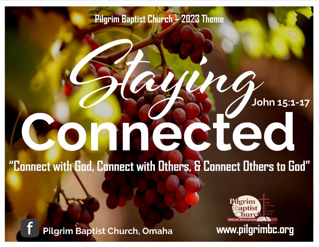 Staying Connected is the words written with the image of grapes hanging from a branch.