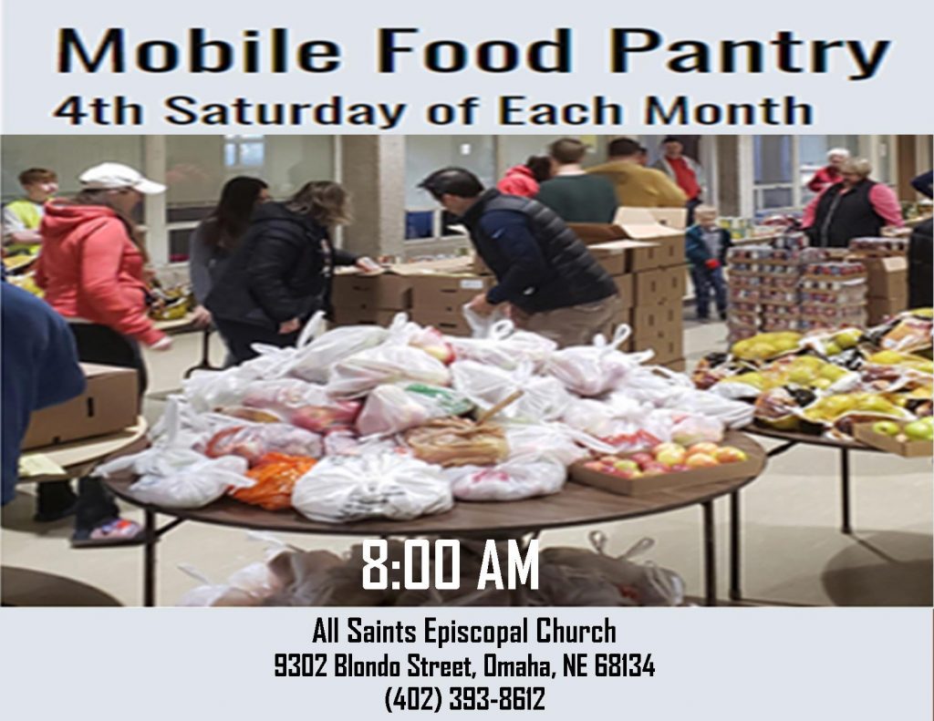 All Saints Episcopal Church Food Panty picture shows individuals preparing food for disbursement.
