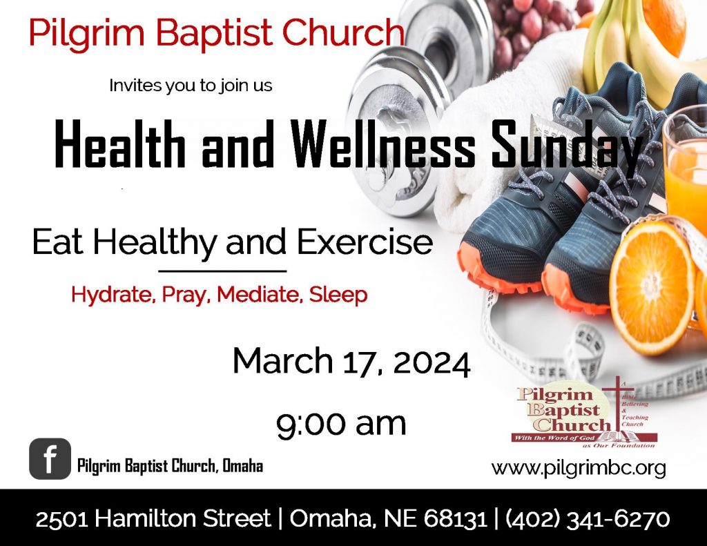 Towel, weights, shoes, orange juice, variety of fruits, measuring tape to promote the Health and Wellness Sunday.