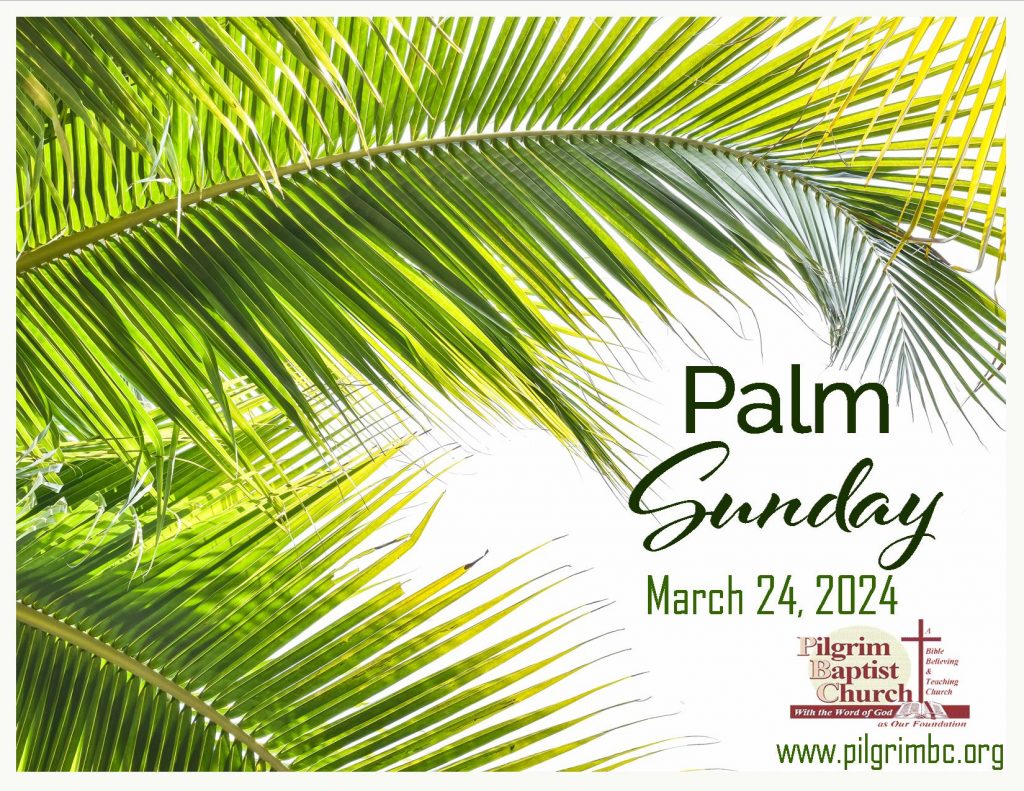 Palm Sunday Worship Service with palm on white background.